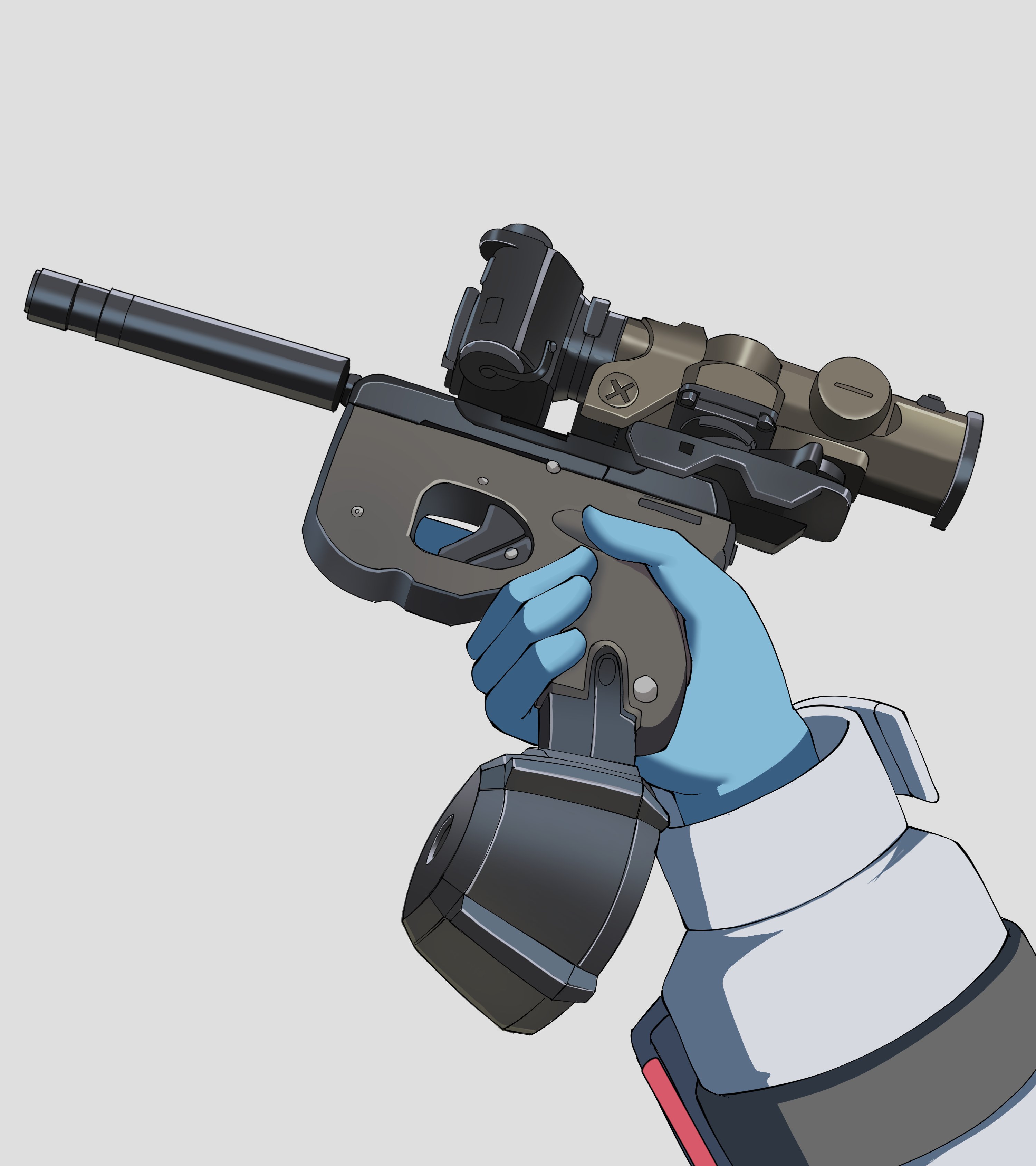 gar32, colphne (girls' frontline 2), girls' frontline, girls' frontline 2: exilium, absurdres, commentary, highres, symbol-only commentary, blue gloves, drum magazine, gloves, gun, handgun, holding, holding gun, holding weapon, magazine (weapon), scope, simple background, suppressor, taurus curve, trigger discipline, weapon, weapon focus, white background