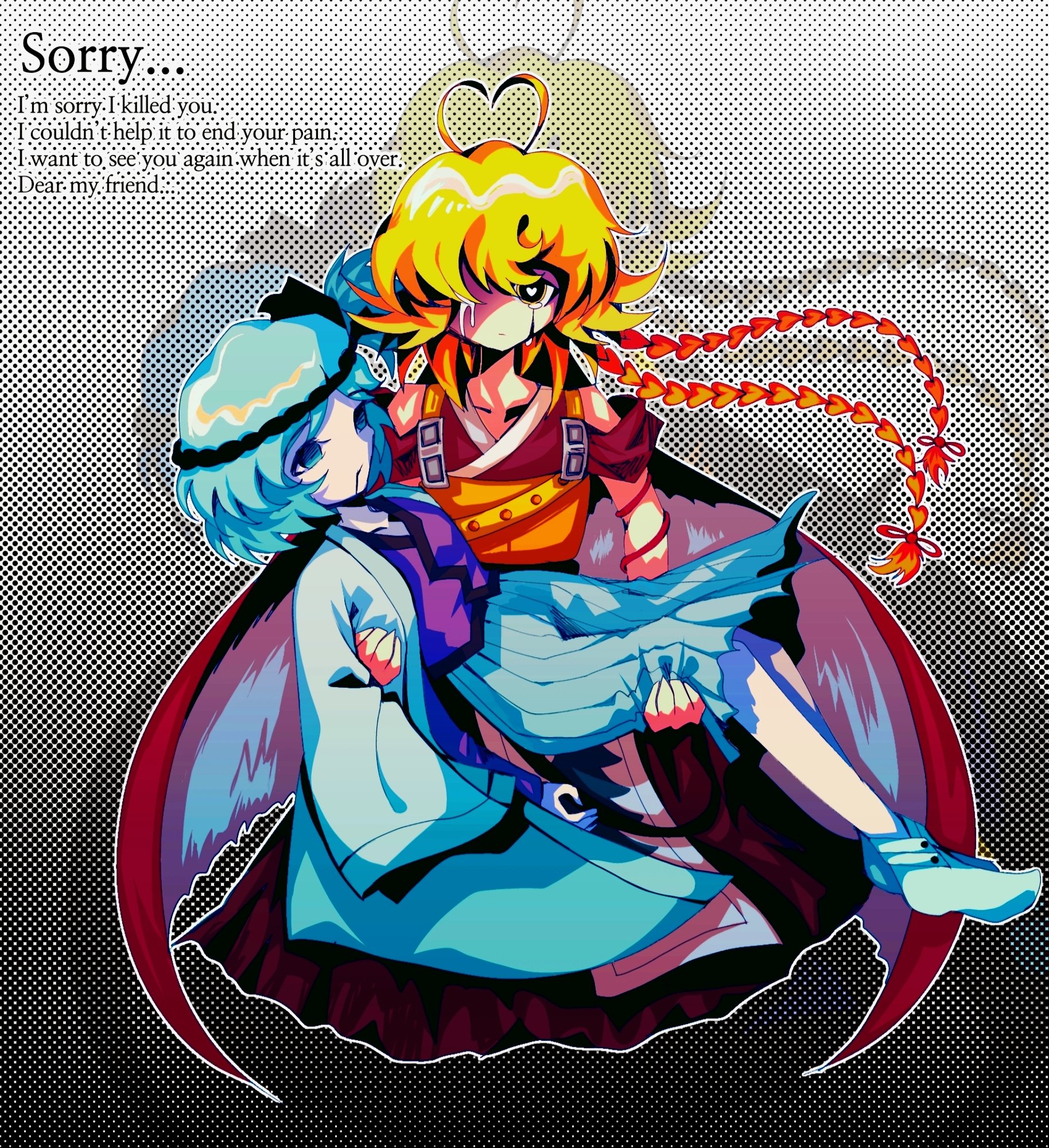 fujiwara no iyozane, ooama no ake no mitori, len'en, highres, 2others, adoptive siblings, androgynous, antenna hair, apron, arm ribbon, armor, bars, bishamonten's pagoda, black headband, black ribbon, blonde hair, blood, blood from mouth, blue eyes, blue hair, blue hakama, blue jacket, blue socks, braid, breastplate, bright pupils, buttons, cape, carrying, closed mouth, collarbone, crying, crying with eyes open, death, detached sleeves, empty eyes, english text, floating hair, gradient background, grey background, hachimaki, hair over one eye, hair ribbon, hakama, hakama short skirt, hakama skirt, halftone, halftone background, haori, headband, heart, heart-shaped pupils, heart antenna hair, jacket, jacket on shoulders, japanese clothes, kaninet, kimono, kneeling, light frown, long hair, low twin braids, multiple others, murder, other focus, outline, ponytail, princess carry, purple kimono, red cape, red hakama, red kimono, red ribbon, red sleeves, ribbon, sad, shaded face, short hair, short ponytail, short sleeves, side ponytail, skirt, sleeveless, sleeveless kimono, socks, straight-on, streaming tears, symbol-shaped pupils, tears, twin braids, two-sided cape, two-sided fabric, very long hair, waist apron, white apron, white cape, white outline, white pupils, yellow eyes, zoom layer