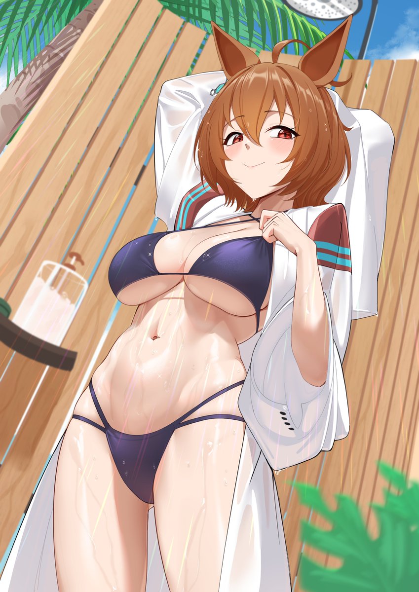 necropoi, agnes tachyon (umamusume), umamusume, highres, 1girl, ahoge, animal ears, bikini, black bikini, chemical structure, cowboy shot, criss-cross halter, earrings, halterneck, horse ears, horse girl, horse tail, huge ahoge, jewelry, lab coat, looking at viewer, multi-strapped bikini bottom, shower head, single earring, smile, solo, swimsuit, tail, wet