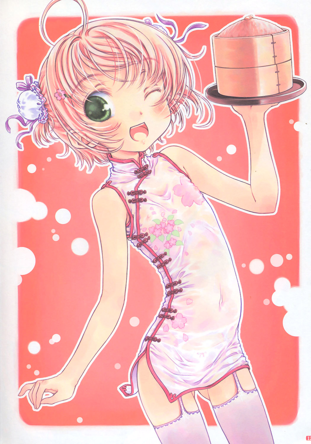 focke wulf, kinomoto sakura, cardcaptor sakura, highres, scan, 1990s (style), 1girl, blush, bow, bow panties, bun cover, china dress, chinese clothes, dress, flat chest, garter belt, garter straps, green eyes, loli, looking at viewer, one eye closed, outline, panties, pink hair, retro artstyle, see-through clothes, short hair, simple background, smile, thighhighs, underwear, wink, zettai ryouiki
