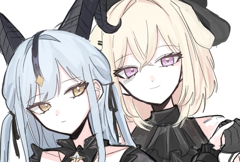 at 09098, misumi uika, togawa sakiko, arknights, bang dream!, bang dream! it's mygo!!!!!, commentary request, korean commentary, 2girls, animal ears, black dress, black ribbon, blue hair, dog ears, dog girl, dress, hair between eyes, hair ribbon, holding hands, horns, kemonomimi mode, long hair, misumi uika (caged singer), multiple girls, purple eyes, ribbon, sidelocks, simple background, togawa sakiko (master of melodia), white background, yellow eyes, yuri