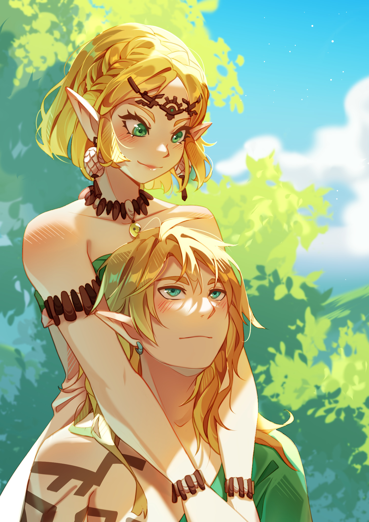 jellyangelart, link, princess zelda, nintendo, the legend of zelda, the legend of zelda: tears of the kingdom, commentary, english commentary, highres, 1boy, 1girl, aqua eyes, archaic set (zelda), arm tattoo, armlet, bare shoulders, blonde hair, blue sky, bracelet, circlet, closed mouth, dress, earrings, green eyes, hug, hug from behind, jewelry, magatama, magatama necklace, medium hair, necklace, pointy ears, secret stone, short hair, sky, strapless, strapless dress, tattoo, upper body, white dress
