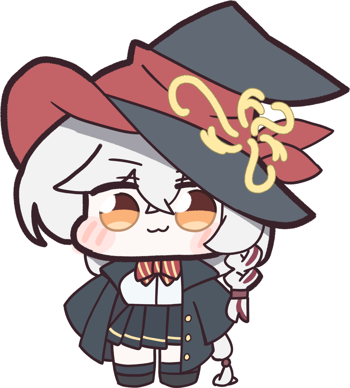 hideinroom, eri (blue archive), blue archive, :3, bow, bowtie, braid, chibi, halo, hat, jacket, long coat, long hair, orange eyes, shirt, shoes, skirt, socks, sweater, white hair, witch hat