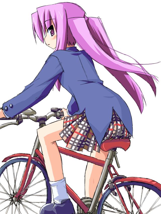 hoshi umi, niwatazumi keiko, torikoro, 1girl, bicycle, blazer, blush, female focus, jacket, plaid clothes, plaid skirt, pleated skirt, purple eyes, purple hair, school uniform, serafuku, simple background, skirt, solo, twintails