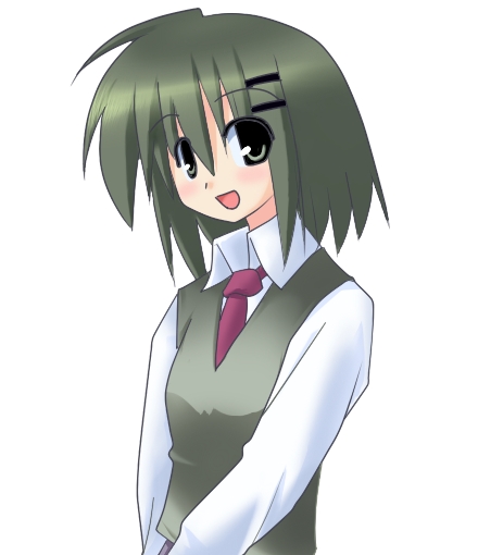 hoshi umi, yuzaki tatami, torikoro, 1girl, :d, ahoge, blue eyes, blush, dress shirt, female focus, green hair, hair ornament, hairclip, long sleeves, looking at viewer, necktie, open mouth, red necktie, school uniform, serafuku, shirt, short hair, smile, solo, sweater vest, tareme, upper body, white shirt