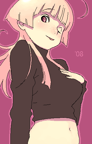 hijiri rei, lowres, 1girl, :p, ;p, ahoge, blunt bangs, breasts, female focus, freckles, large breasts, navel, oekaki, one eye closed, orange hair, pink background, pink hair, simple background, solo, tongue, tongue out, wink