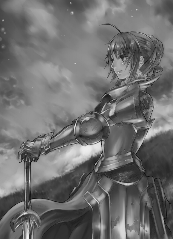 nidy, artoria pendragon (fate), saber (fate), fate/stay night, fate (series), 00s, 1girl, adapted costume, ahoge, armor, braid, braided bun, female focus, gauntlets, greyscale, hair bun, hands on hilt, monochrome, profile, solo, sword, weapon