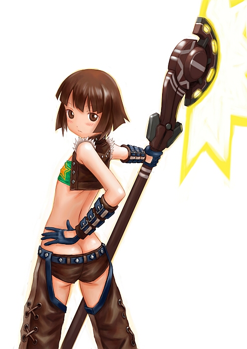 denjuu, phantasy star, phantasy star universe, 1girl, animal ears, ass, ass peek, axe, back, bandeau, blunt bangs, bob cut, bracer, brown eyes, brown hair, chaps, cowboy western, crop top, cropped jacket, energy weapon, expressionless, female focus, flat chest, from behind, gloves, hand on own hip, looking at viewer, looking back, midriff, no headwear, polearm, poleaxe, short hair, short shorts, shorts, simple background, sleeveless, solo, staff, strapless, torn clothes, torn sleeves, tube top, vambraces, vest, weapon, white background