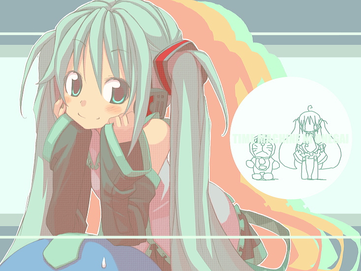 kuro (kuroneko no kanzume), doraemon (character), hatsune miku, doraemon, vocaloid, eyebrows, 1girl, :<, ahoge, black skirt, blush, boots, chibi, chibi inset, collared shirt, crossover, detached sleeves, elbow rest, frills, green hair, grey shirt, hair between eyes, hair ornament, hands on own cheeks, hands on own face, head rest, headphones, leaning forward, leaning on person, long hair, looking at viewer, miniskirt, necktie, out of frame, pleated skirt, shirt, silhouette, skirt, smile, sweatdrop, twintails