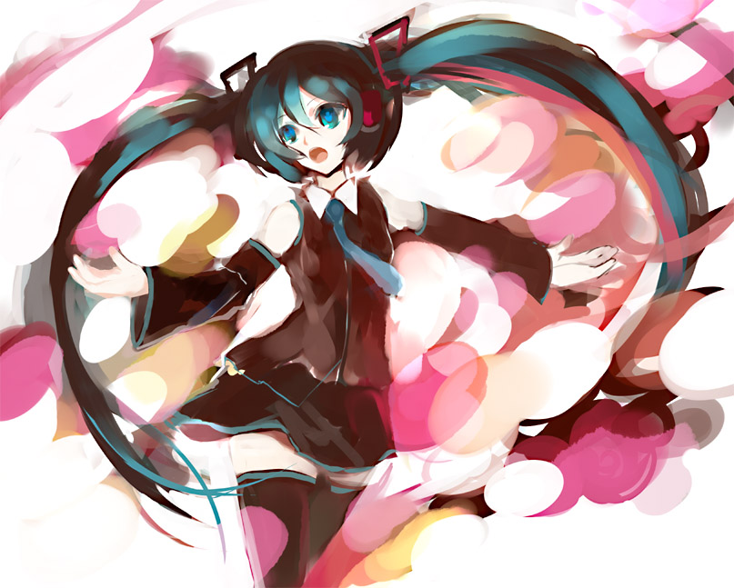 nokishita, hatsune miku, vocaloid, 1girl, aqua hair, female focus, long hair, solo, thighhighs, twintails, very long hair