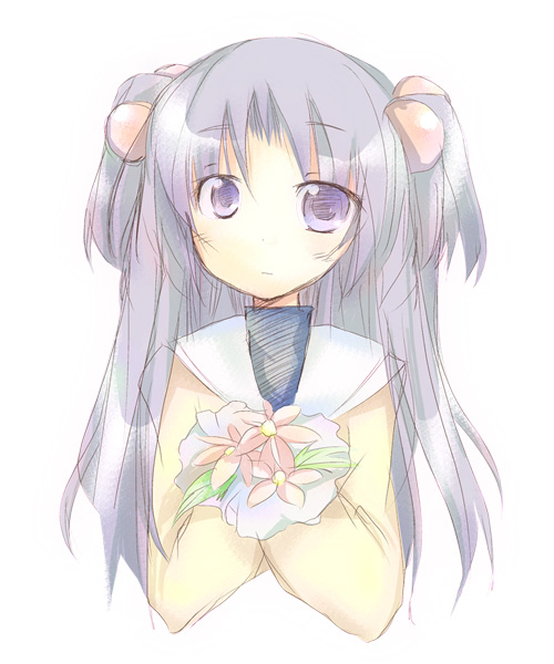 furui suguri, ichinose kotomi, clannad, 00s, 1girl, blue hair, female focus, flower, hair bobbles, hair ornament, long hair, school uniform, solo, two side up