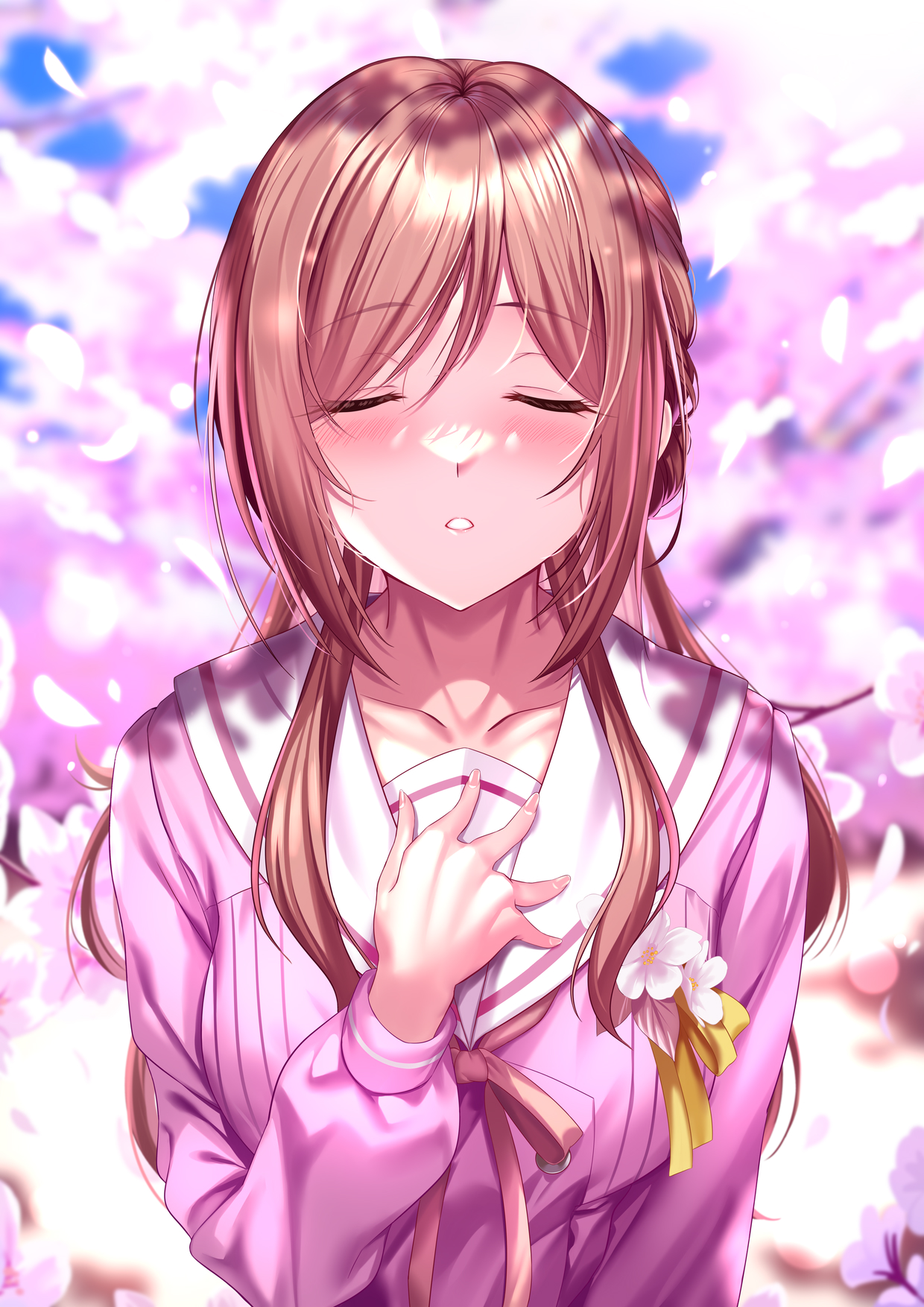 ldfe mk2, himesaki rinami, gakuen idolmaster, idolmaster, commentary, highres, symbol-only commentary, 1girl, blush, brown hair, cherry blossoms, closed eyes, collarbone, falling petals, long sleeves, official alternate costume, outdoors, petals, pink shirt, sailor collar, sakura photograph (idolmaster), school uniform, serafuku, shirt, solo, upper body, waiting for kiss, white sailor collar