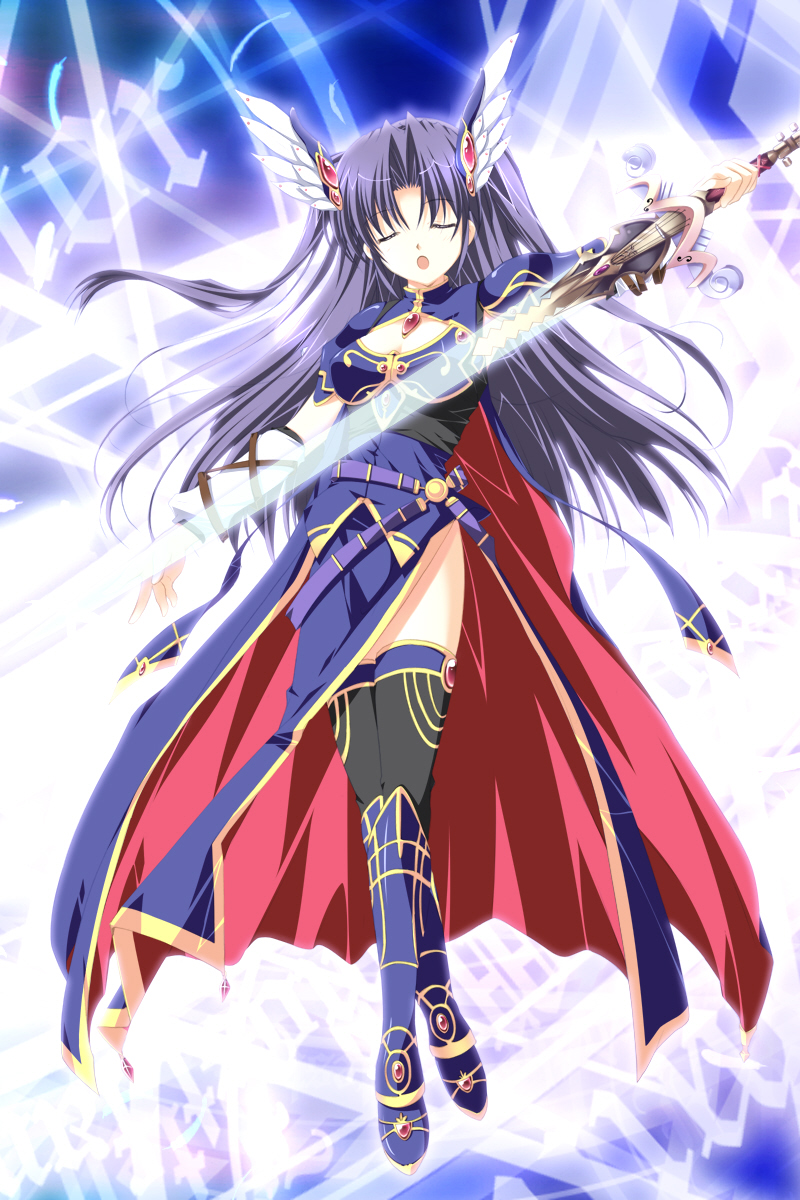 highres, 1girl, breasts, cape, cleavage, closed eyes, female focus, long hair, medium breasts, purple hair, solo, sword, thighhighs, weapon