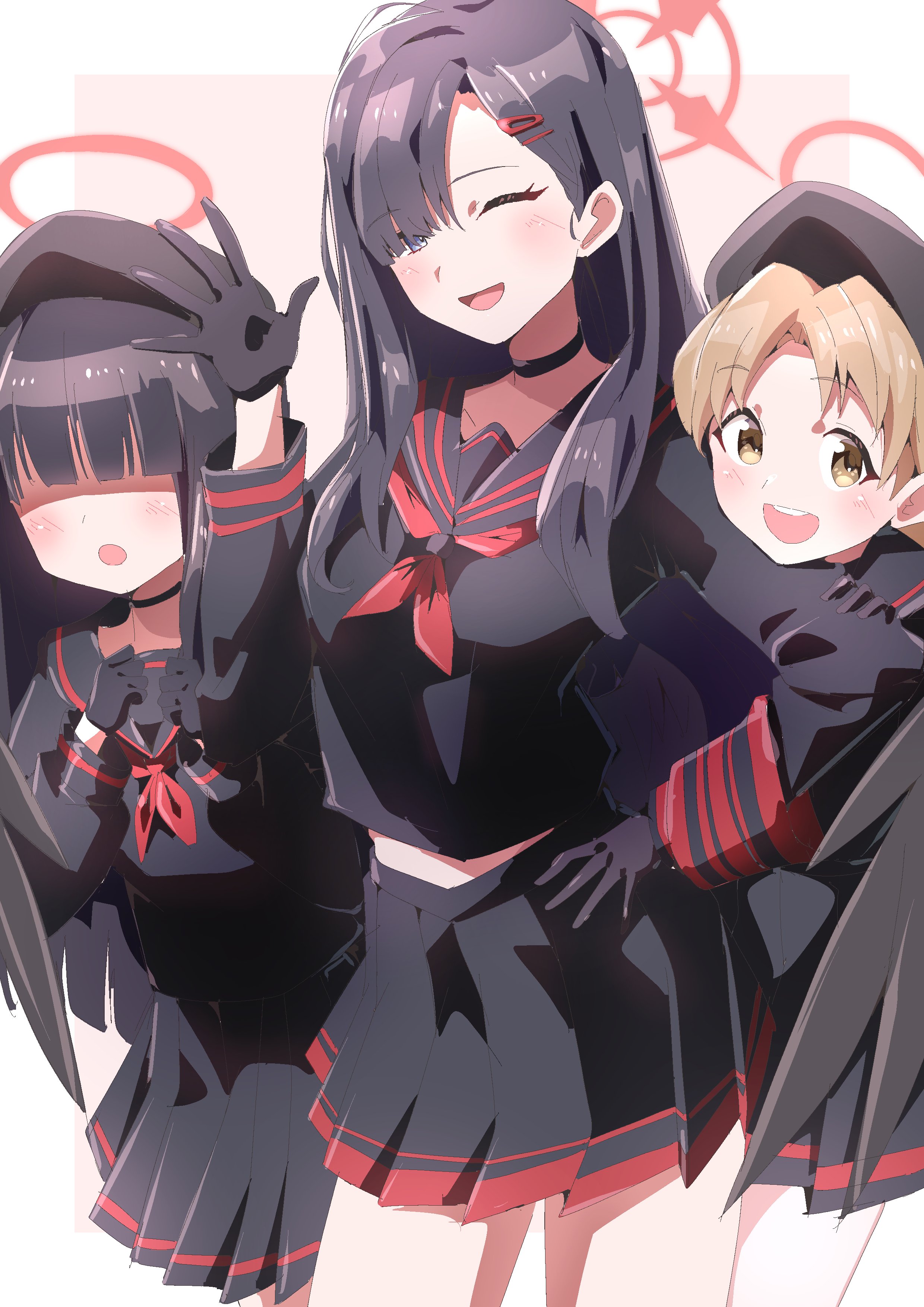 to (tototo tk), ichika (blue archive), justice task force member (blue archive), blue archive, absurdres, highres, 3girls, beret, black choker, black gloves, black hair, black hat, black serafuku, black wings, blush, border, breasts, brown eyes, brown hair, choker, feathered wings, gloves, hair ornament, hair over eyes, hairclip, halo, hat, long hair, long sleeves, multiple girls, neckerchief, one eye closed, open mouth, pink background, red halo, red neckerchief, sailor collar, school uniform, serafuku, simple background, skirt, smile, teeth, upper teeth only, white border, wings