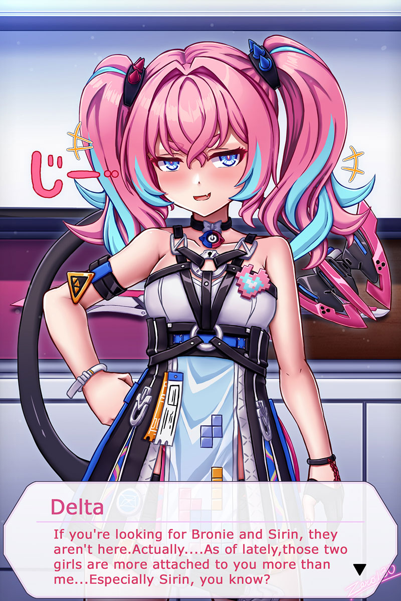 zero130rider, delta (honkai impact), rozaliya olenyeva, honkai (series), honkai impact 3rd, highres, 1girl, artist name, blue eyes, blue hair, dress, long hair, looking at viewer, multicolored hair, pink hair, solo, tail, twintails, two-tone hair