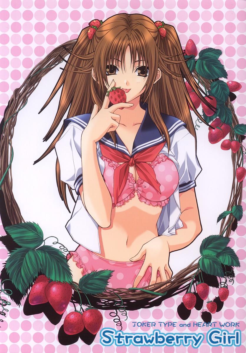suzuhira hiro, kitaooji satsuki, ichigo 100%, highres, jpeg artifacts, 00s, 1girl, bra, brown eyes, brown hair, female focus, food, frilled bra, frilled panties, frills, fruit, holding, holding food, holding fruit, lingerie, long hair, midriff, no pants, open clothes, open shirt, panties, pink bra, pink panties, polka dot, polka dot bra, polka dot panties, school uniform, serafuku, shirt, solo, strawberry, twintails, underwear