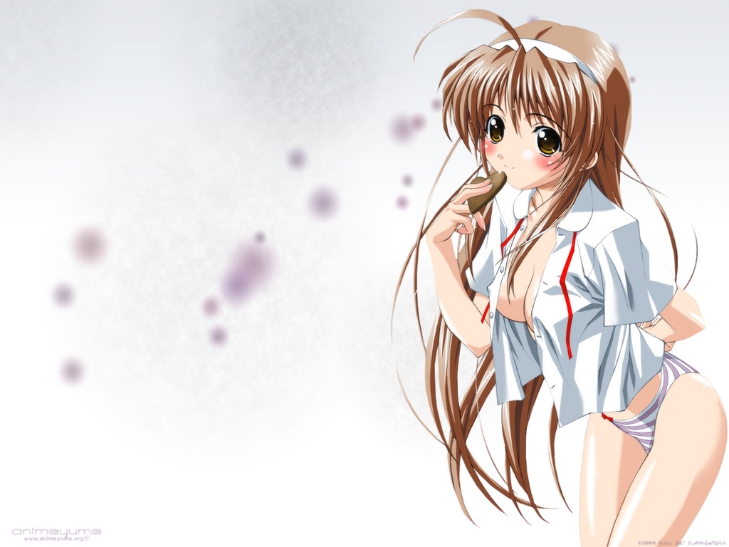 tagme, blush, brown hair, chocolate, panties, striped clothes, striped panties, underwear