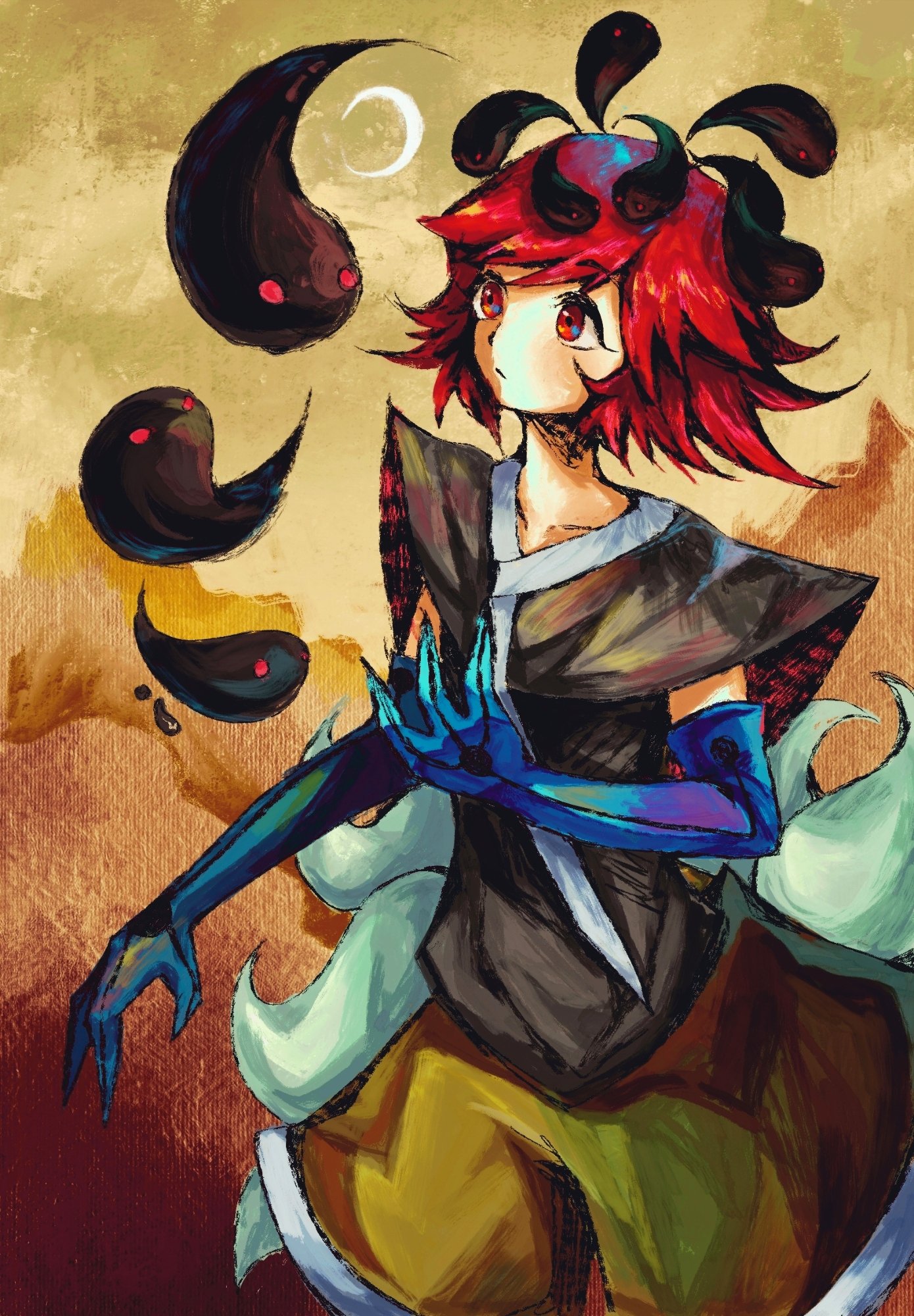 azuma kaisen, len'en, highres, 1other, androgynous, animal, animal on head, blue gloves, brown shorts, brown sky, closed mouth, cowboy shot, crescent moon, elbow gloves, expressionless, gloves, grey shirt, japanese clothes, kaninet, light blush, light frown, moon, mountain, multiple tails, night, on head, other focus, outdoors, red eyes, red hair, shirt, short hair, short sleeves, shorts, solo, standing, tadpole, tadpole tail, tail