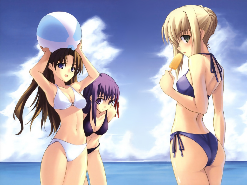 shingo (missing link), matou sakura, saber (fate), tohsaka rin, fate/stay night, fate (series), reference work, arms behind back, ball, beach, beachball, bent over, bikini, food, ice cream, looking back, midriff, popsicle, side-tie bikini bottom, swimsuit