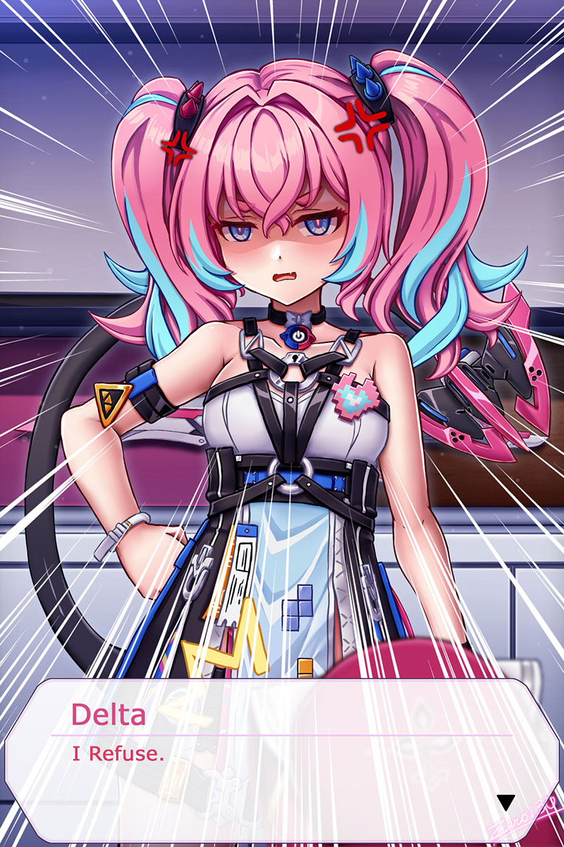 zero130rider, delta (honkai impact), rozaliya olenyeva, honkai (series), honkai impact 3rd, highres, 1girl, artist name, blue eyes, blue hair, dress, long hair, looking at viewer, multicolored hair, pink hair, solo, tail, twintails, two-tone hair