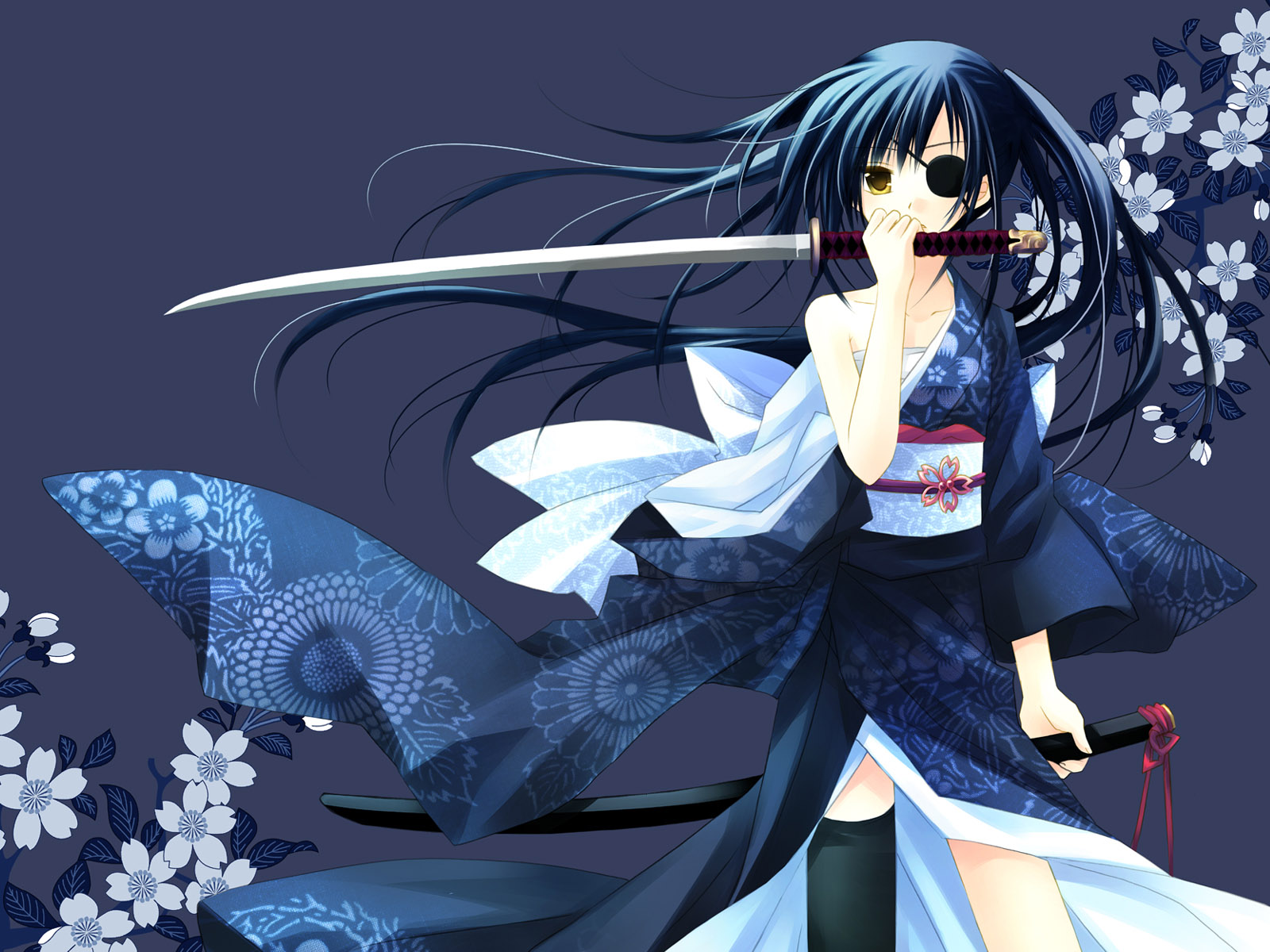 sakurazawa izumi, yagyuu kyuubei, gintama, highres, jpeg artifacts, 00s, 1girl, asymmetrical clothes, blue hair, cherry blossoms, eyepatch, female focus, floral background, flower, japanese clothes, katana, kimono, long hair, single thighhigh, solo, sword, thighhighs, weapon, yellow eyes