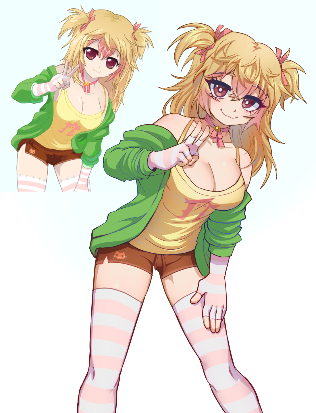 mio (crush crush), crush crush, derivative work, highres, screenshot redraw, 1girl, artzyanie, bare shoulders, blonde hair, breasts, brown eyes, choker, fingerless gloves, gloves, green jacket, jacket, large breasts, shirt, short shorts, short twintails, shorts, smile, striped clothes, striped thighhighs, thighhighs, thighs, twintails, white background, yellow shirt