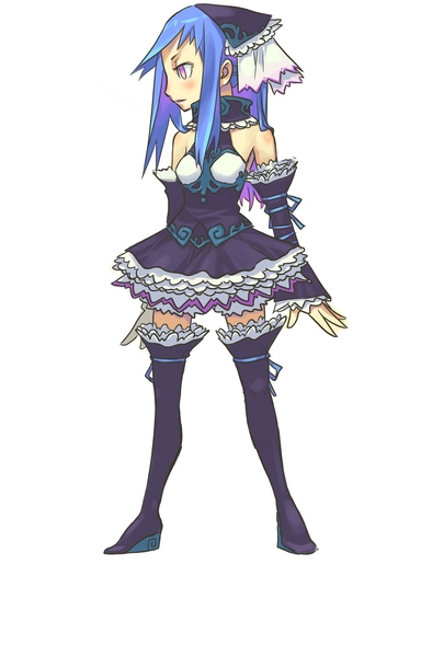 yelansu, copyright request, resized, 1girl, blue hair, elbow gloves, fantasy, gloves, pixiv thumbnail, simple background, solo, thighhighs, white background