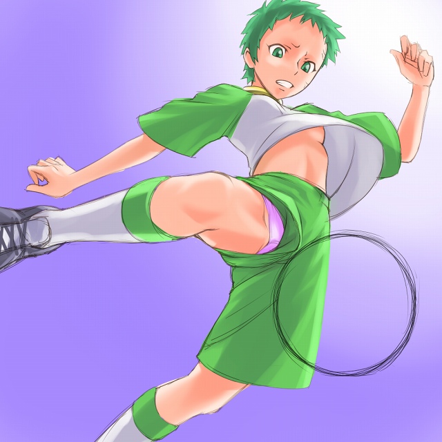 mosha, eureka (eureka seven), bones (company), eureka seven, eureka seven (series), 00s, 1girl, ball, breasts, female focus, nipple slip, nipples, panties, pantyshot, playing sports, small breasts, soccer, soccer ball, solo, underboob, underwear, upshirt