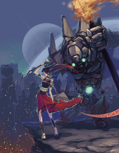 yelansu, original, 1girl, fantasy, female focus, full moon, mecha, moon, robot, scythe, solo