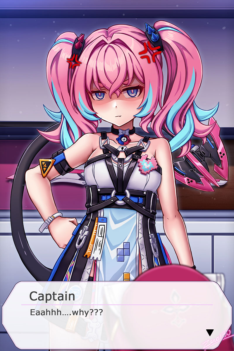 zero130rider, delta (honkai impact), rozaliya olenyeva, honkai (series), honkai impact 3rd, highres, 1girl, artist name, blue eyes, blue hair, dress, long hair, looking at viewer, multicolored hair, pink hair, solo, tail, twintails, two-tone hair