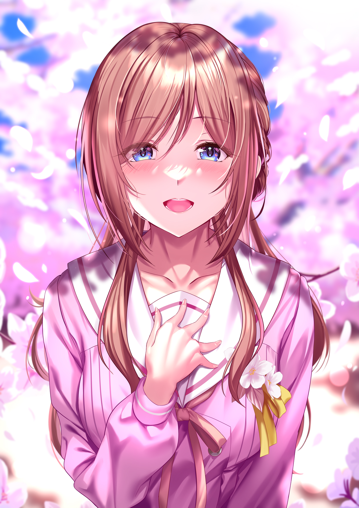 ldfe mk2, himesaki rinami, gakuen idolmaster, idolmaster, commentary, highres, symbol-only commentary, 1girl, blush, brown hair, cherry blossoms, collarbone, falling petals, long sleeves, looking at viewer, official alternate costume, outdoors, petals, pink shirt, sailor collar, sakura photograph (idolmaster), school uniform, serafuku, shirt, smile, solo, upper body, white sailor collar