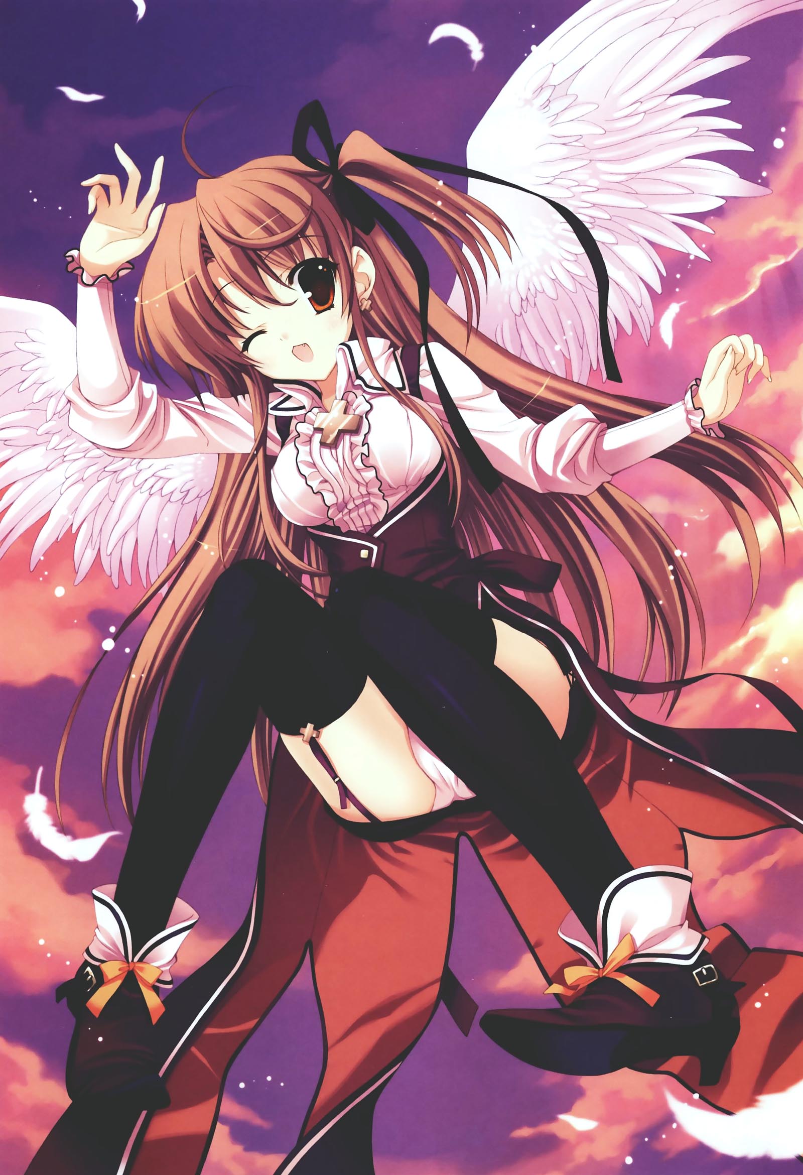 highres, 1girl, angel, brown eyes, brown hair, cross, dress, fang, feathers, female focus, garter straps, greek cross, long hair, one eye closed, panties, pantyshot, ribbon, side ponytail, solo, thighhighs, underwear, upskirt, wings, wink