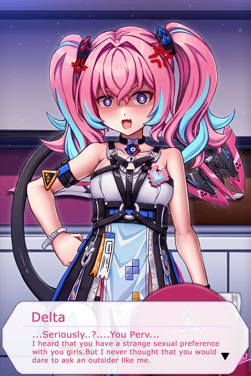 zero130rider, delta (honkai impact), rozaliya olenyeva, honkai (series), honkai impact 3rd, highres, 1girl, artist name, blue eyes, blue hair, dress, long hair, looking at viewer, multicolored hair, pink hair, solo, tail, twintails, two-tone hair