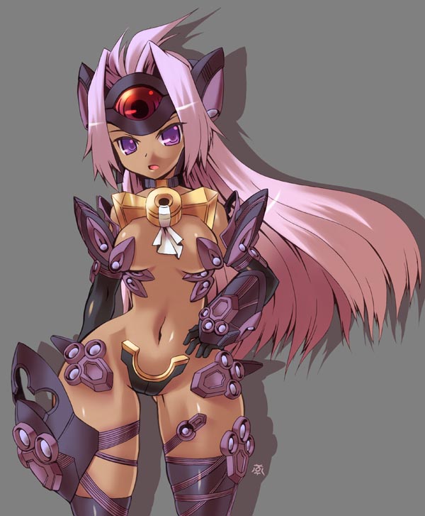 yukimura tsubame, t-elos, xenosaga, xenosaga episode iii, 00s, 1girl, android, breasts, cleavage, cyborg, dark-skinned female, dark skin, elbow gloves, female focus, gloves, hip focus, long hair, purple eyes, purple hair, solo, thighhighs, wide hips