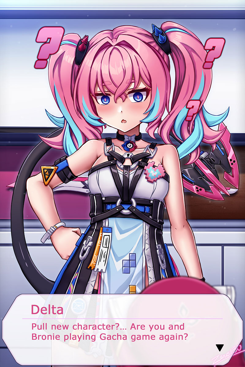 zero130rider, delta (honkai impact), rozaliya olenyeva, honkai (series), honkai impact 3rd, highres, 1girl, ?, artist name, blue eyes, blue hair, dress, long hair, looking at viewer, multicolored hair, pink hair, solo, tail, twintails, two-tone hair