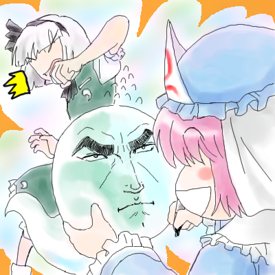 satsuki harunobu, duke tougou, konpaku youmu, konpaku youmu (ghost), saigyouji yuyuko, golgo 13, touhou, lowres, 2girls, female focus, hat, mob cap, multiple girls, parody