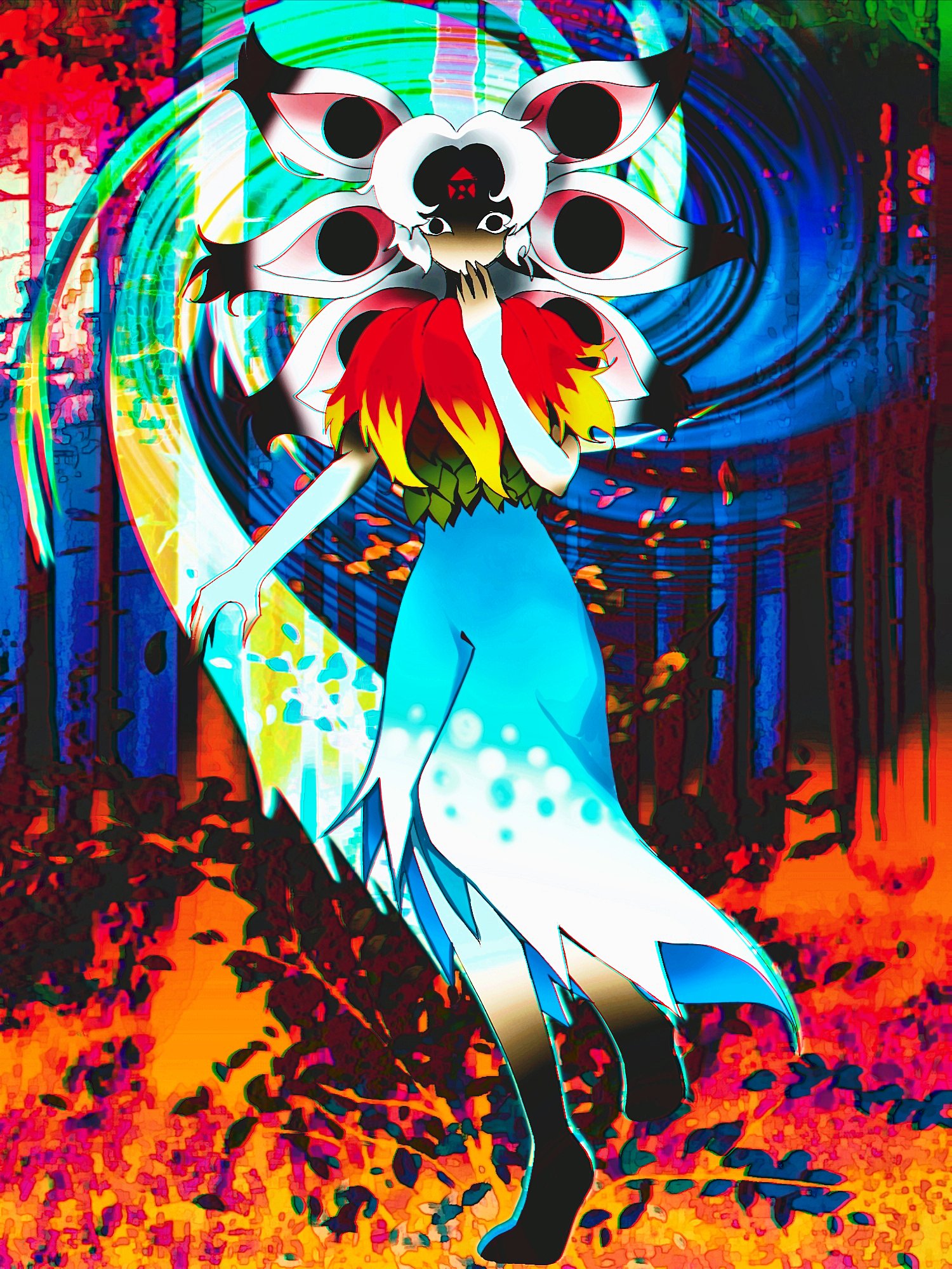 houjuu chimi, fossilized wonders, touhou, highres, 1girl, abstract background, animal feet, bare arms, barefoot, black eyes, blue skirt, capelet, colorful, disembodied eye, dripping, feather capelet, forest, full body, green shirt, hand on own chin, high-waist skirt, kaninet, leaf shirt, long skirt, nature, outdoors, parted bangs, red capelet, shirt, skirt, solo, torn clothes, torn skirt, white shirt, wide-eyed