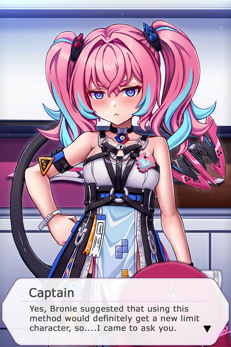 zero130rider, delta (honkai impact), rozaliya olenyeva, honkai (series), honkai impact 3rd, highres, 1girl, artist name, blue eyes, blue hair, dress, long hair, looking at viewer, multicolored hair, pink hair, solo, tail, twintails, two-tone hair