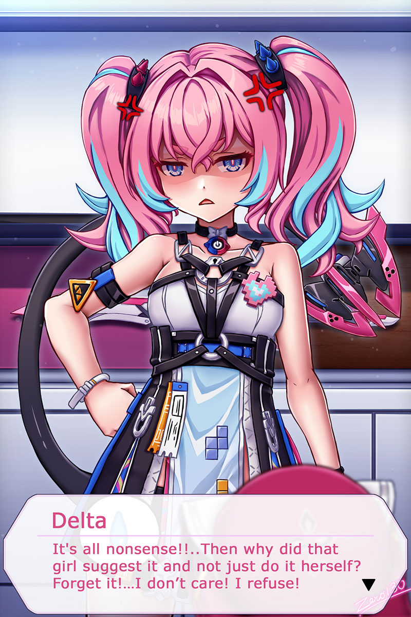 zero130rider, delta (honkai impact), rozaliya olenyeva, honkai (series), honkai impact 3rd, highres, 1girl, artist name, blue eyes, blue hair, dress, long hair, looking at viewer, multicolored hair, pink hair, solo, tail, twintails, two-tone hair