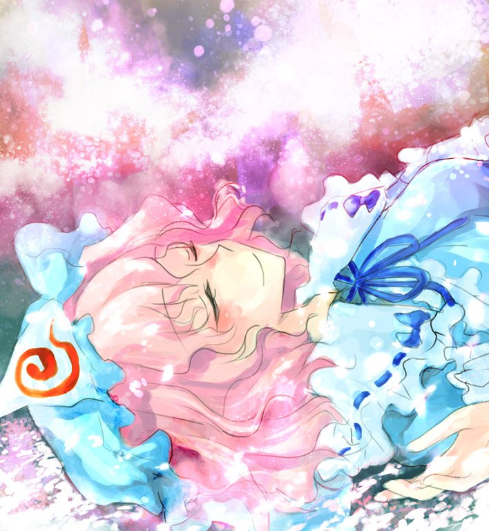 saigyouji yuyuko, touhou, 1girl, closed eyes, collar, female focus, hat, long sleeves, mob cap, pink hair, ribbon-trimmed collar, ribbon trim, short hair, sleeping, solo, upper body, wavy hair