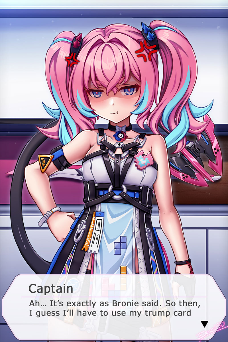 zero130rider, delta (honkai impact), rozaliya olenyeva, honkai (series), honkai impact 3rd, highres, 1girl, artist name, blue eyes, blue hair, dress, long hair, looking at viewer, multicolored hair, pink hair, solo, tail, twintails, two-tone hair