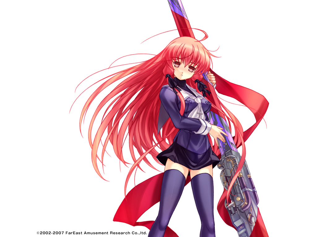 himuro akari, night wizard, official art, official wallpaper, 00s, 1girl, ahoge, female focus, gun, huge weapon, long hair, miniskirt, red eyes, red hair, ribbon, school uniform, serafuku, sidelocks, skirt, solo, thighhighs, weapon, zettai ryouiki