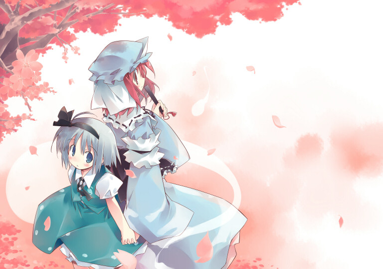 asoka, konpaku youmu, konpaku youmu (ghost), saigyouji yuyuko, touhou, silver hair, 2girls, blue eyes, cherry blossoms, female focus, hairband, hat, holding hands, japanese clothes, kimono, multiple girls, pink hair, ribbon, short hair, water