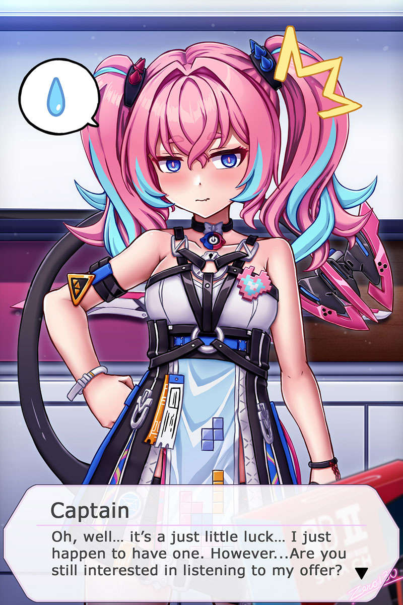 zero130rider, delta (honkai impact), rozaliya olenyeva, honkai (series), honkai impact 3rd, highres, 1girl, artist name, blue eyes, blue hair, dress, long hair, looking at viewer, multicolored hair, pink hair, solo, spoken sweatdrop, sweatdrop, tail, twintails, two-tone hair