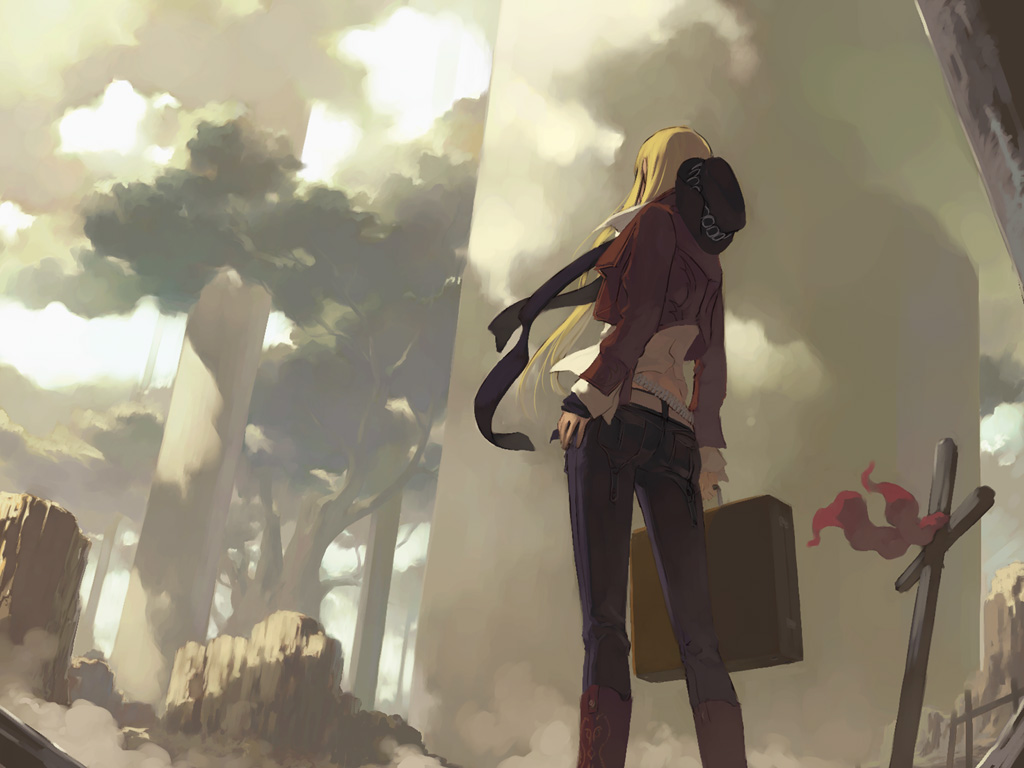 fuchida kazuhiro, bad id, bad pixiv id, 1girl, blonde hair, cloud, cowboy hat, cowboy western, cross, denim, female focus, forest, from behind, from below, hat, jeans, latin cross, long hair, nature, pants, scenery, solo, standing, suitcase, tree