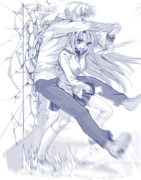 sakagami tomoyo, sunohara youhei, clannad, 00s, 1boy, 1girl, battle, blue theme, fighting, monochrome, school uniform, serafuku
