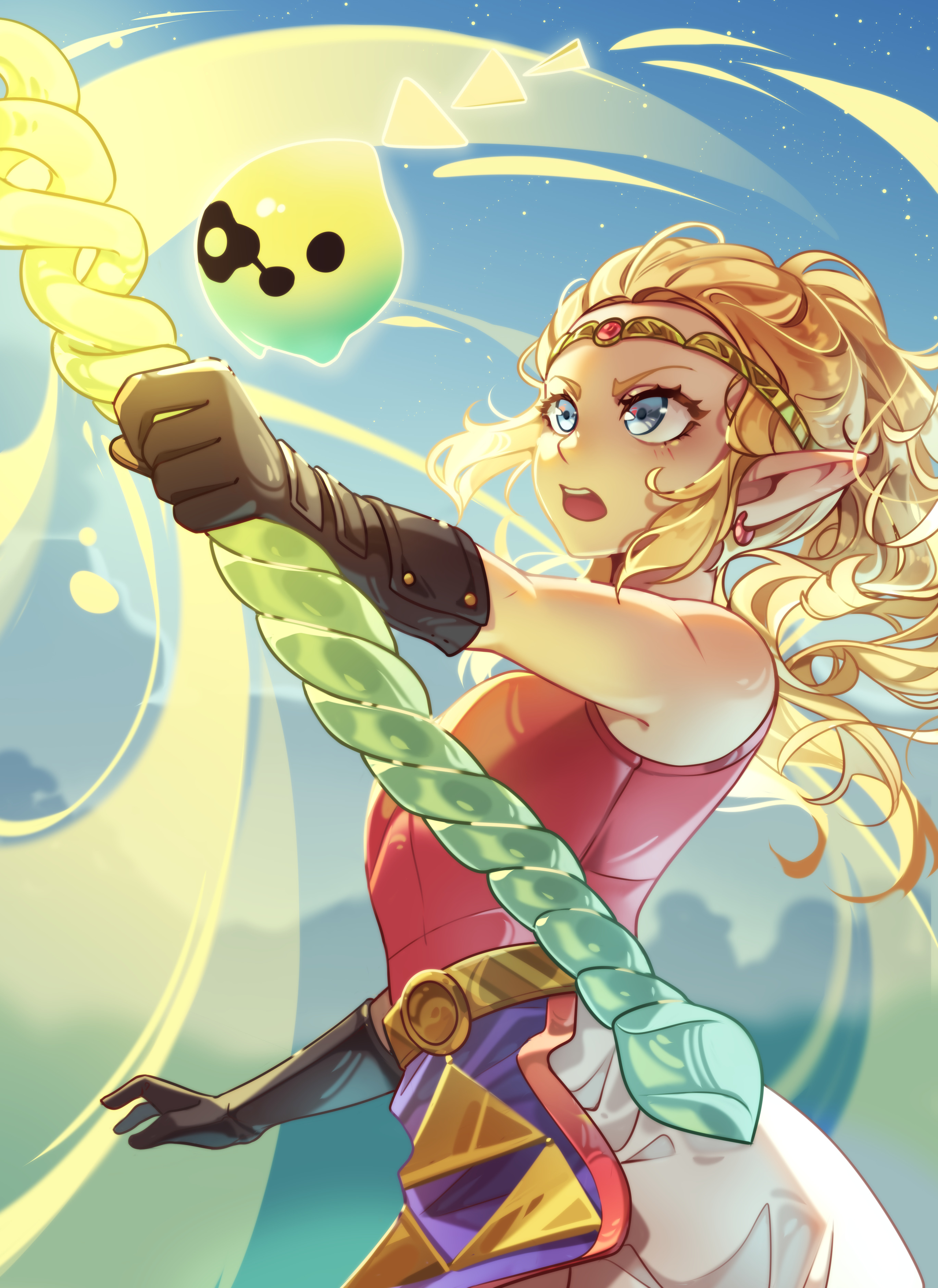 jellyangelart, princess zelda, tri (zelda), nintendo, the legend of zelda, the legend of zelda: echoes of wisdom, absurdres, commentary, english commentary, highres, 1girl, bare shoulders, blonde hair, blue eyes, brown gloves, circlet, cowboy shot, earrings, gem, gloves, holding, holding staff, jewelry, long hair, mage staff, open mouth, pants, pelvic curtain, pink shirt, pointy ears, red gemstone, royal travel attire (zelda), shirt, sleeveless, sleeveless shirt, solo, staff, teeth, tri rod, triforce, upper teeth only, white pants