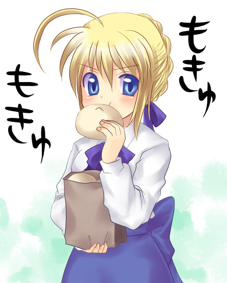 artoria pendragon (fate), saber (fate), fate/stay night, fate (series), 00s, ahoge, blonde hair, blouse, blue eyes, eating, food, shirt, solo