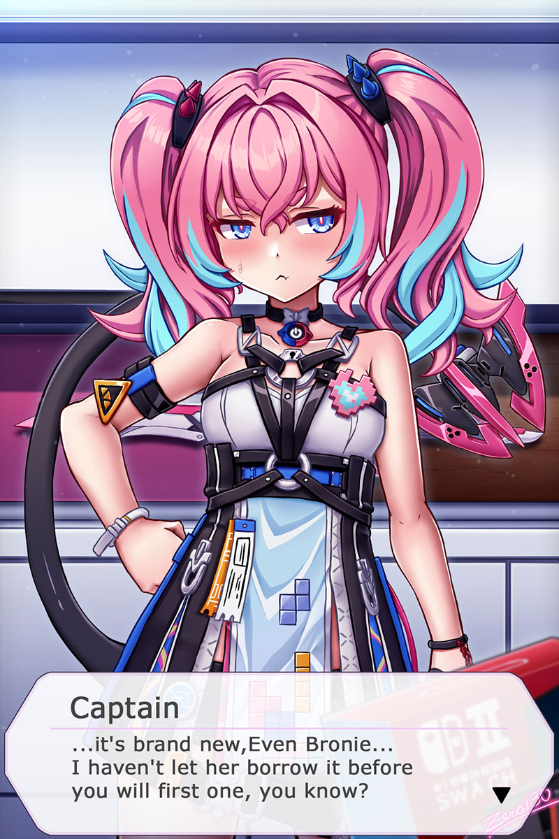 zero130rider, delta (honkai impact), rozaliya olenyeva, honkai (series), honkai impact 3rd, highres, 1girl, artist name, blue eyes, blue hair, dress, long hair, looking at viewer, multicolored hair, pink hair, solo, tail, twintails, two-tone hair