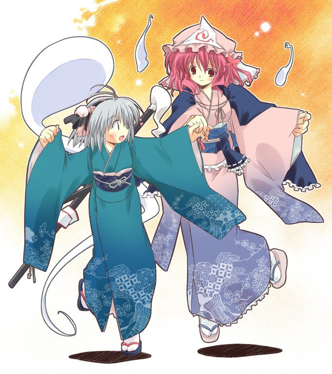 asoka, konpaku youmu, konpaku youmu (ghost), saigyouji yuyuko, touhou, silver hair, jpeg artifacts, 2girls, excited, female focus, geta, hairband, hat, holding hands, japanese clothes, katana, kimono, mob cap, multiple girls, pink hair, red eyes, ribbon, running, sandals, short hair, smile, sword, weapon, weapon on back, zouri